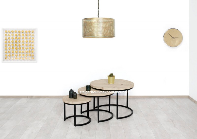 Niet genoeg lineair Lenen Steigerhouten salontafel rond - set van 3 stuks - steigerhout -teakhout-meubels