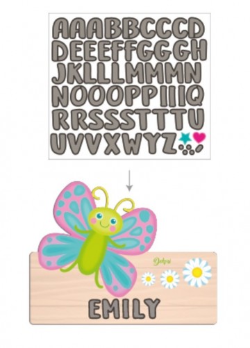 Dekorinaambordleeuwvlinder25x16cmhoutpaarsgroenletters