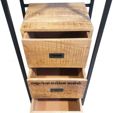 Mangohout boekenkast 200cm 3 laden open n