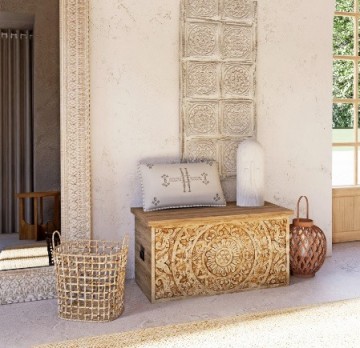 Mangohout opbergkist houtsnijwerk sfeer