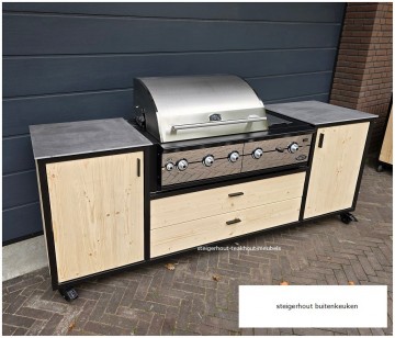 Steiegrhout buitenkeuken boretti metaal l r deuren m lade open vak 2 n