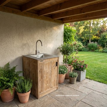 Steigerhout buitenkeuken kast wasbak kraan sfeer n