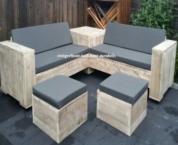 Steigerhout hoekbank daisy sfeer kussens antraciet n1