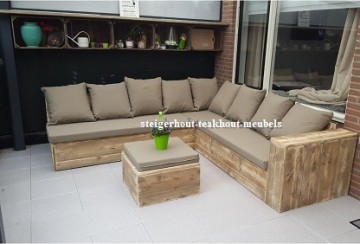 Steigerhout lounge hoekbank 1 armleuning kussen taupe plof n