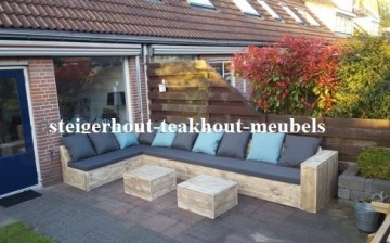 Steigerhout lounge hoekbank 1 armleuning kussen zwart blauw plof n