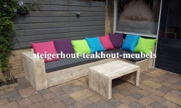 Steigerhout lounge hoekbank 1 armleuning kussen zwart gemengd plof n