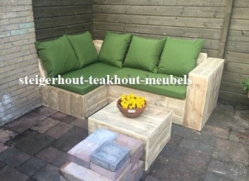 Steigerhout lounge hoekbank 1 armleuning kussen zwart olijf plof n
