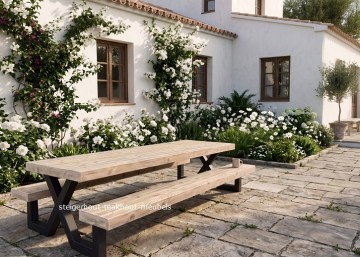 Steigerhouten picknicktafel x sfeer wittebloemen