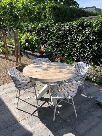 Steigerhouten tafel rond matrix wit onderstel n