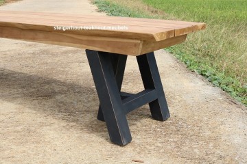 Teakhout bank zonder leuningen kasar trestle detail poot n