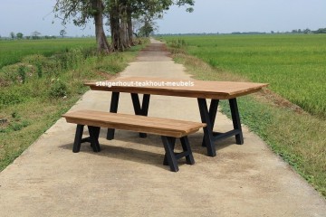Teakhout tuinset trestle bank tafel